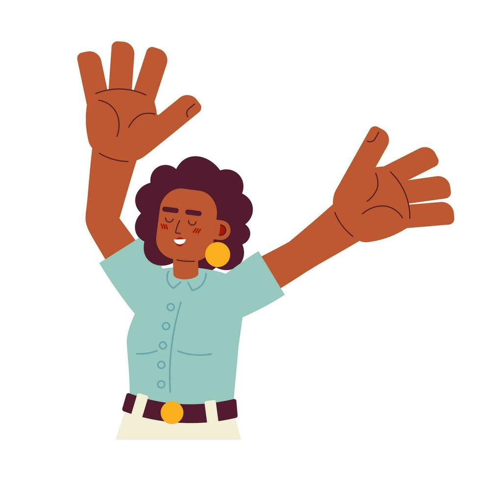feliz mulher levantando mãos acima semi plano cor vetor personagem. menina sobrecarregado com felicidade. editável metade corpo pessoa em branco. simples desenho animado local ilustração para rede gráfico Projeto