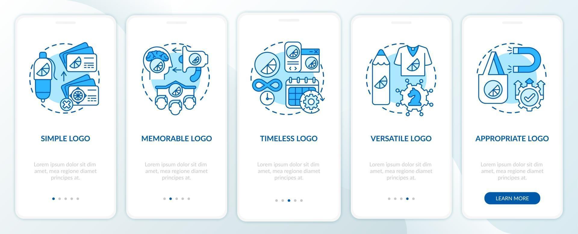 regras de design de logotipo integrando a tela da página do aplicativo móvel com conceitos. logotipo simples e memorável com instruções gráficas de 5 etapas. modelo de vetor ui, ux, gui com ilustrações coloridas lineares