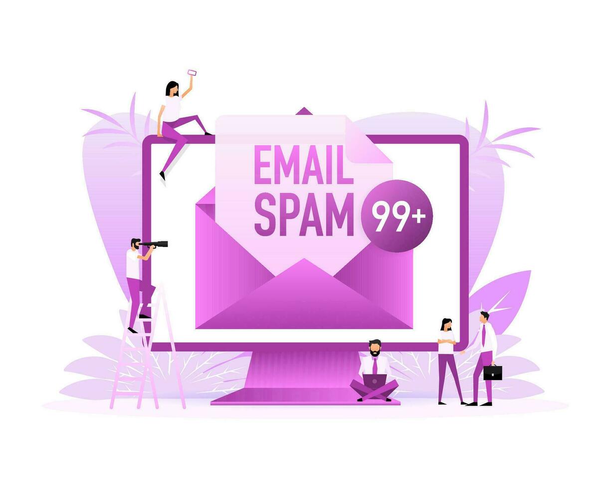 o email Spam dentro computador portátil com pessoas. vetor ilustração