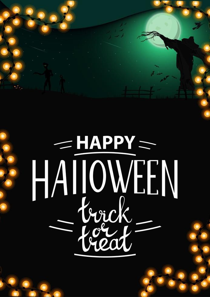 fundo de halloween, modelo vertical para sua criatividade com paisagem noturna com lua cheia verde, zumbi, bruxas e espantalho. modelo com espaço para texto vetor