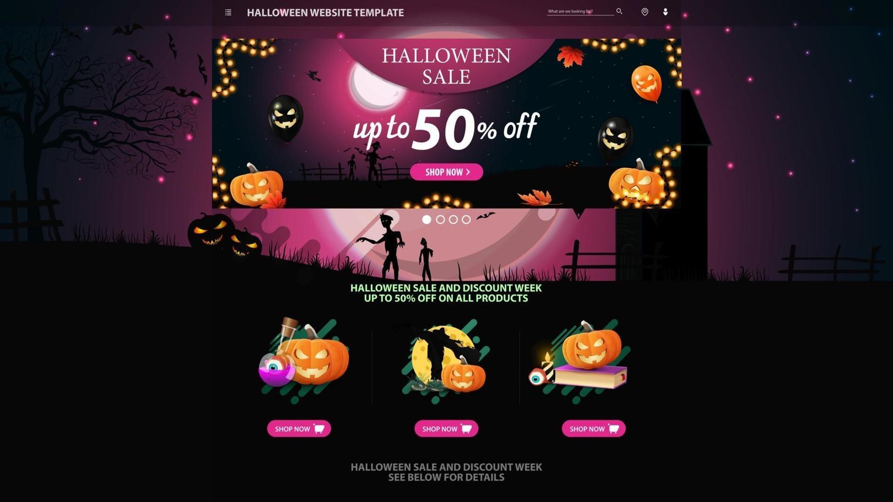 modelo de halloween para o site da web com banner de desconto. modelo com fundo de dia das bruxas. lua cheia rosa, zumbis, bruxas e um velho moinho abandonado. vetor