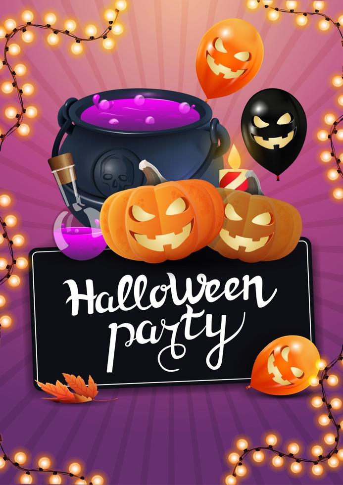 festa de halloween, pôster de convite vertical com caldeirão de bruxa, balões de halloween, guirlanda e jack abóbora vetor