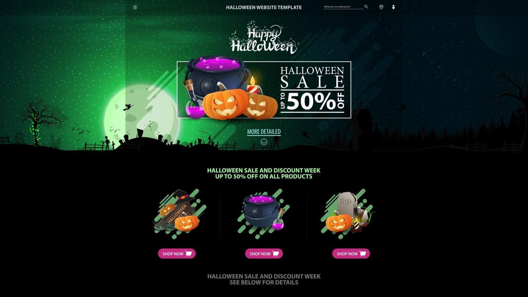 modelo de halloween para o site da web com banner de desconto. modelo com fundo de dia das bruxas. lua verde cheia, floresta escura, cemitério, zumbi, bruxas, lobisomens, fantasmas e um velho moinho abandonado. vetor