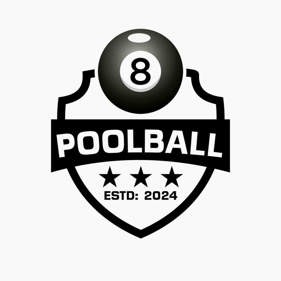 piscina bola logotipo conceito com escudo e bola de bilhar símbolo vetor