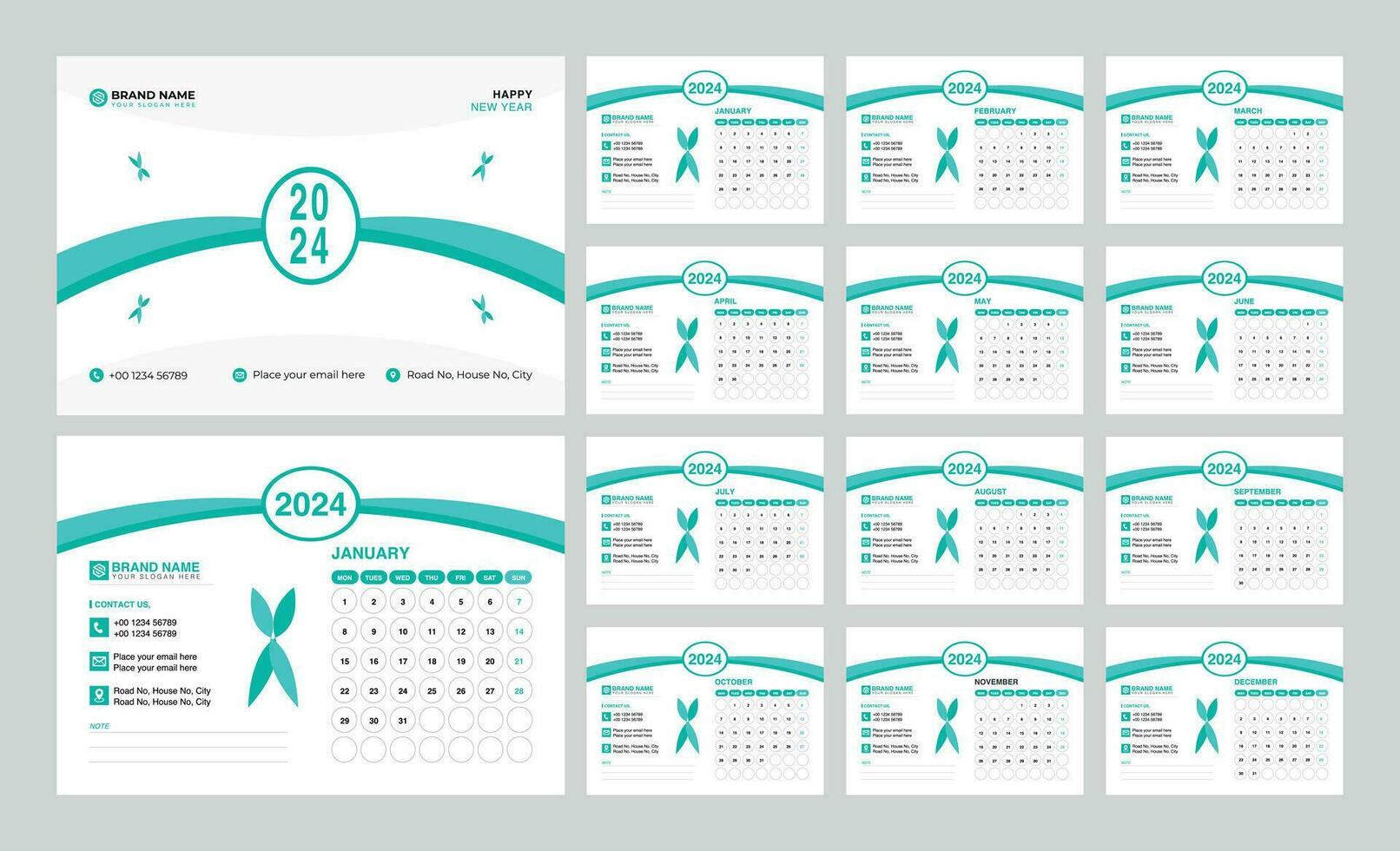 escrivaninha calendário 2024 modelo. 12 meses incluído. editável 2024 calendário Projeto. vetor ilusão