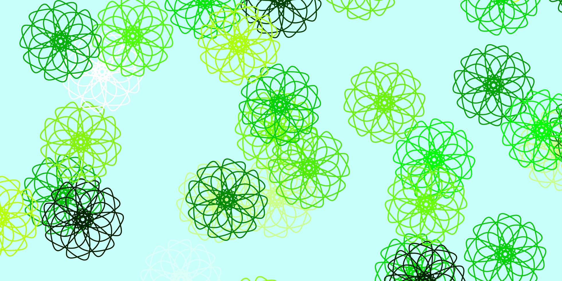 modelo de doodle de vetor verde e amarelo claro com flores.