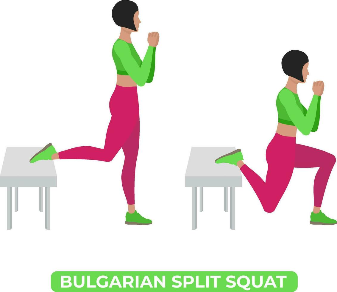 vetor mulher fazendo búlgaro Dividido agachamento peso corporal ginástica pernas exercite-se exercício. a educacional ilustração em uma branco fundo.