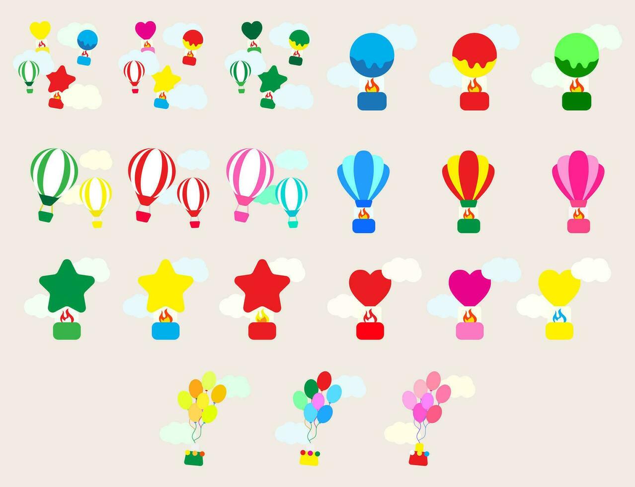 coleção ícone viagem com quente ar balão vôo gás e nuvens. conjunto do balão. vetor