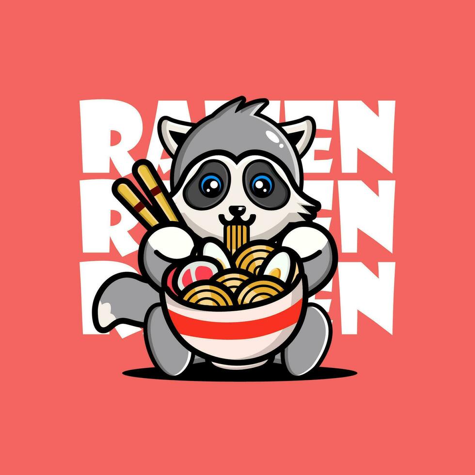 fofa bebê guaxinim comendo ramen Macarrão vetor