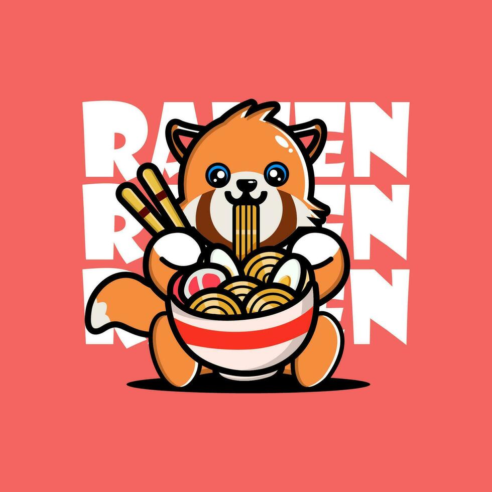 fofa bebê Panda vermelho comendo ramen Macarrão vetor