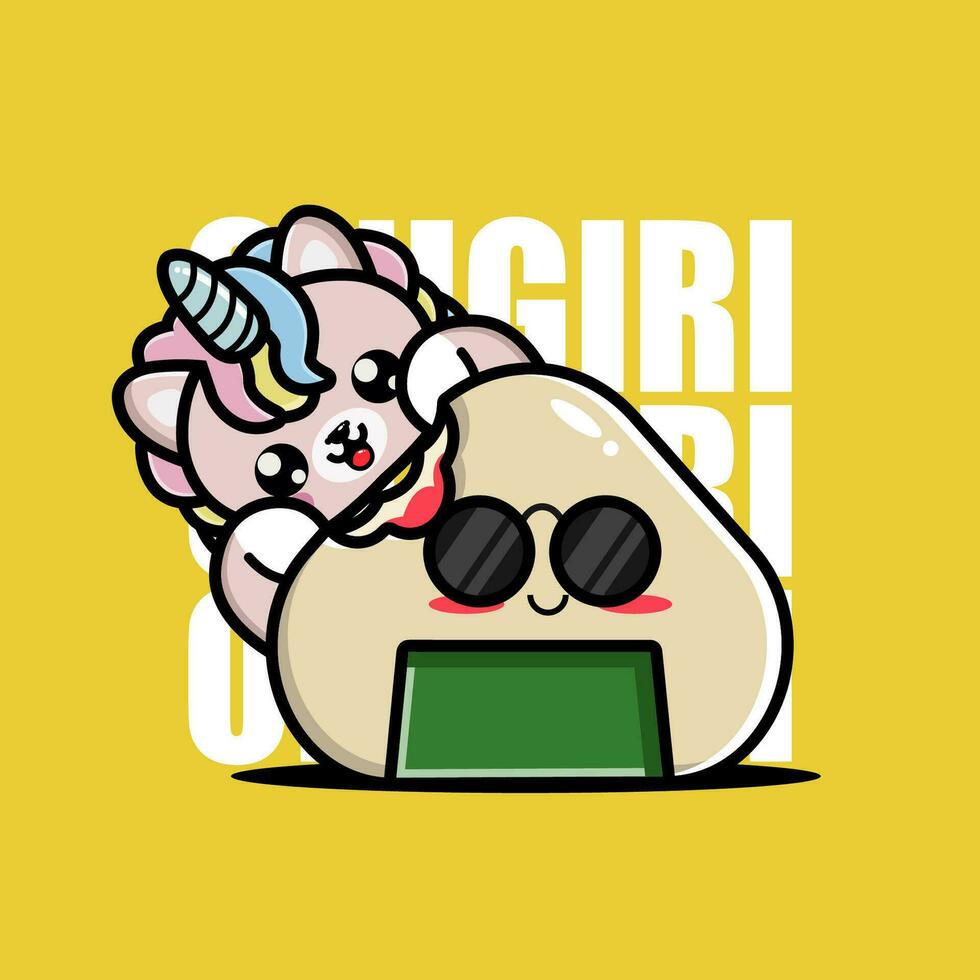 fofa unicórnio onigiri kawaii personagem vetor