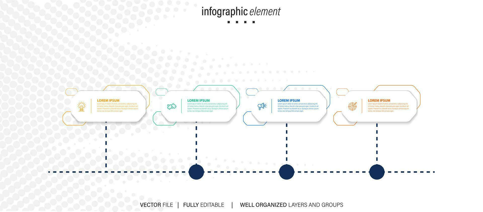 modelo de design de infográfico de negócios com 4 opções, etapas ou processos. pode ser usado para layout de fluxo de trabalho, diagrama, relatório anual, web design vetor