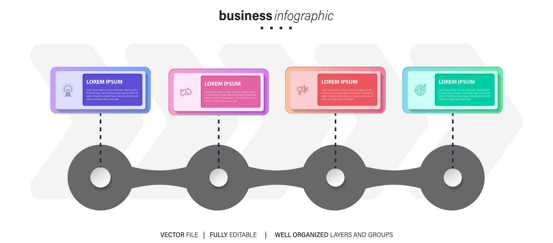 template.timeline de infográficos de negócios com 4 etapas, círculos, opções e ícones de marketing. elementos de infográfico linear do vetor. vetor