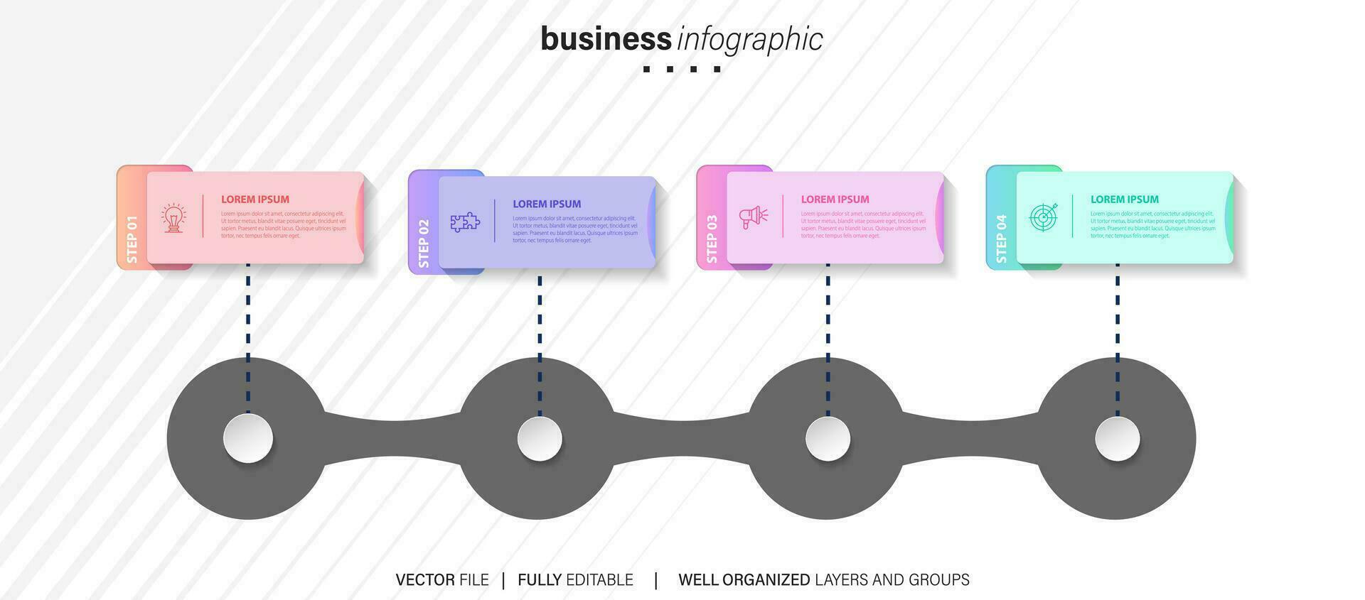 template.timeline de infográficos de negócios com 4 etapas, círculos, opções e ícones de marketing. elementos de infográfico linear do vetor. vetor