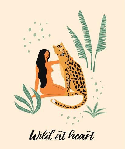 Seja selvagem. Ilustração do vetor da mulher com leopardo.