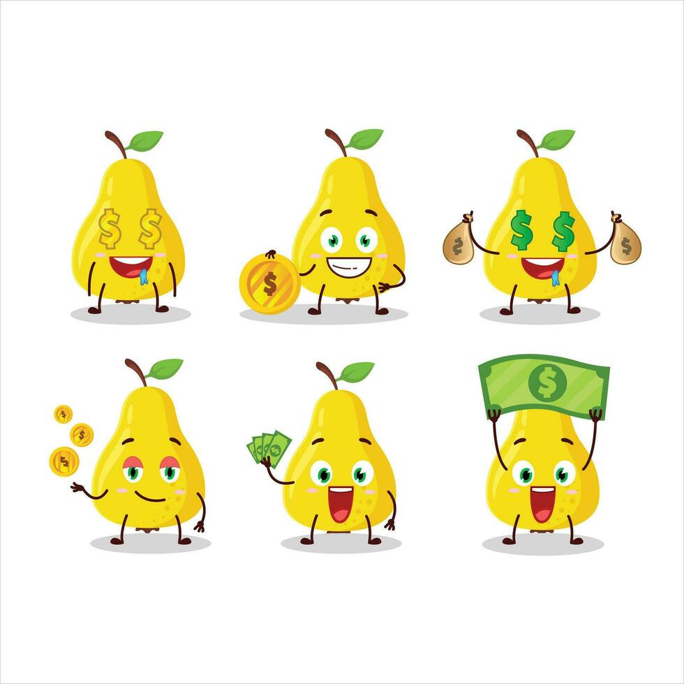 amarelo pera desenho animado personagem com fofa emoticon trazer dinheiro vetor