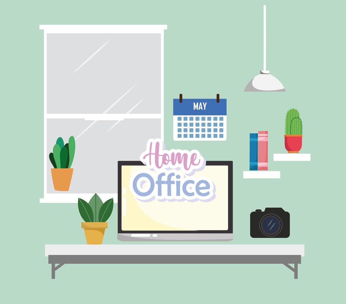 home office interior laptop câmera calendário plantas e janela vetor