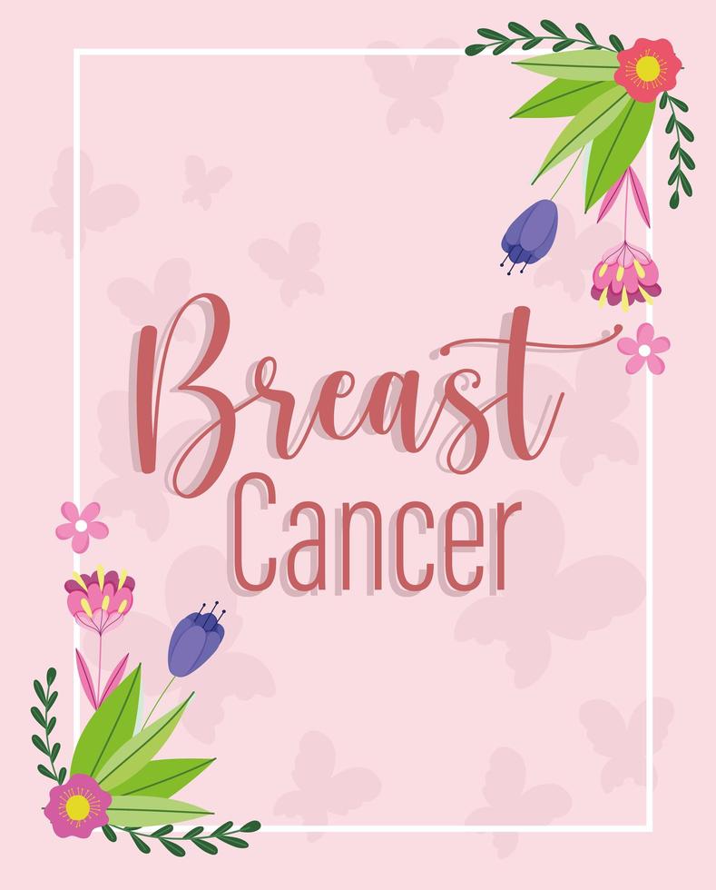 cartão de fundo de flores e borboletas de texto de câncer de mama vetor