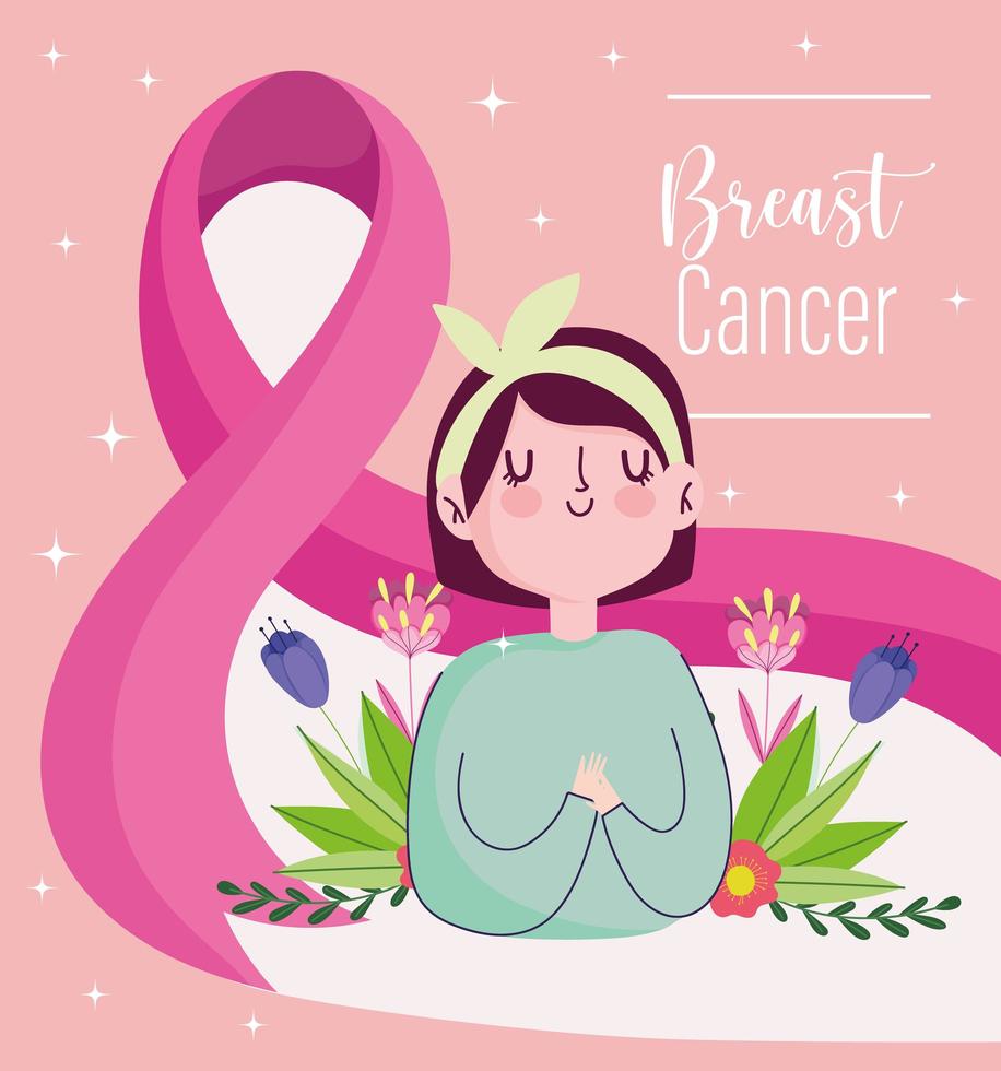 Mulher bonita com câncer de mama com fita enorme rosa cartão de flores vetor