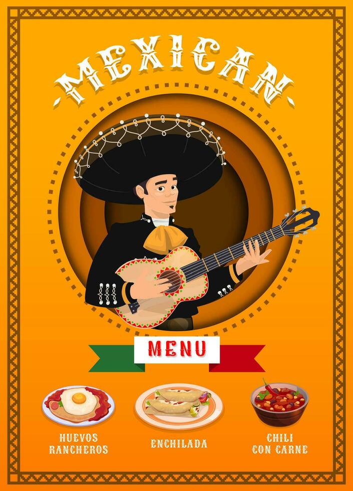 mexicano cozinha cardápio página com mariachi e Comida vetor