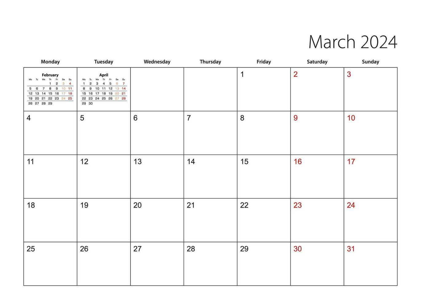 marcha 2024 simples calendário planejador, semana começa a partir de segunda-feira. vetor