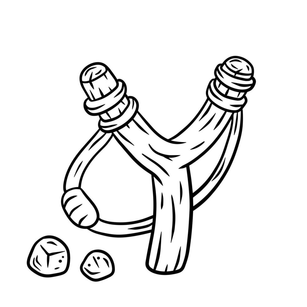 estilingue. de madeira catapulta. crianças brinquedo para jogando pedras. tiroteio e pequeno Rocha. desenho animado desenhado ilustração isolado em branco fundo vetor