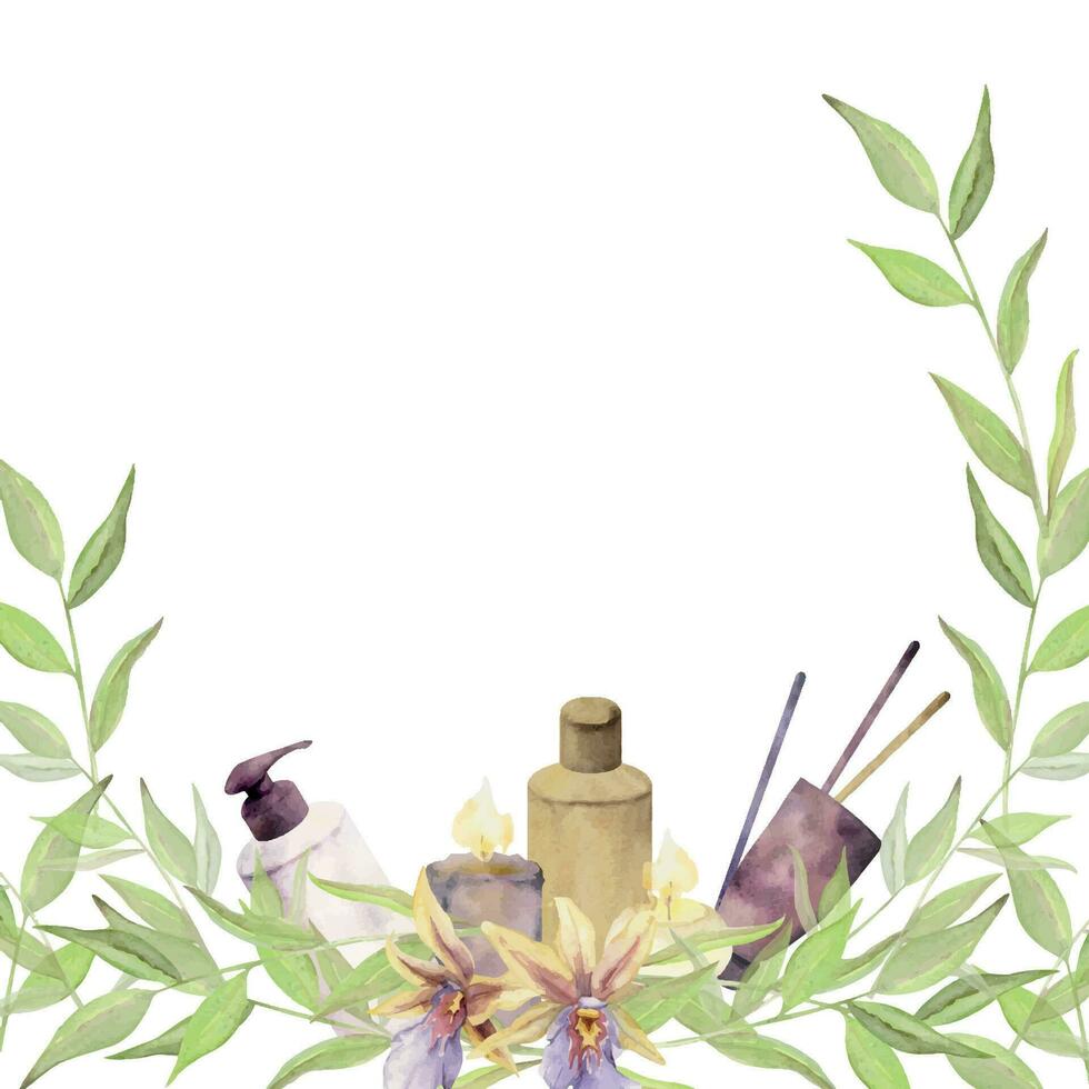 mão desenhado aguarela spa cuidados com a pele banho beleza produtos pacote com flores e folhas. quadro, Armação fronteira. isolado em branco fundo. Projeto para bem estar recorrer, imprimir, tecido, cobrir, cartão, livreto. vetor