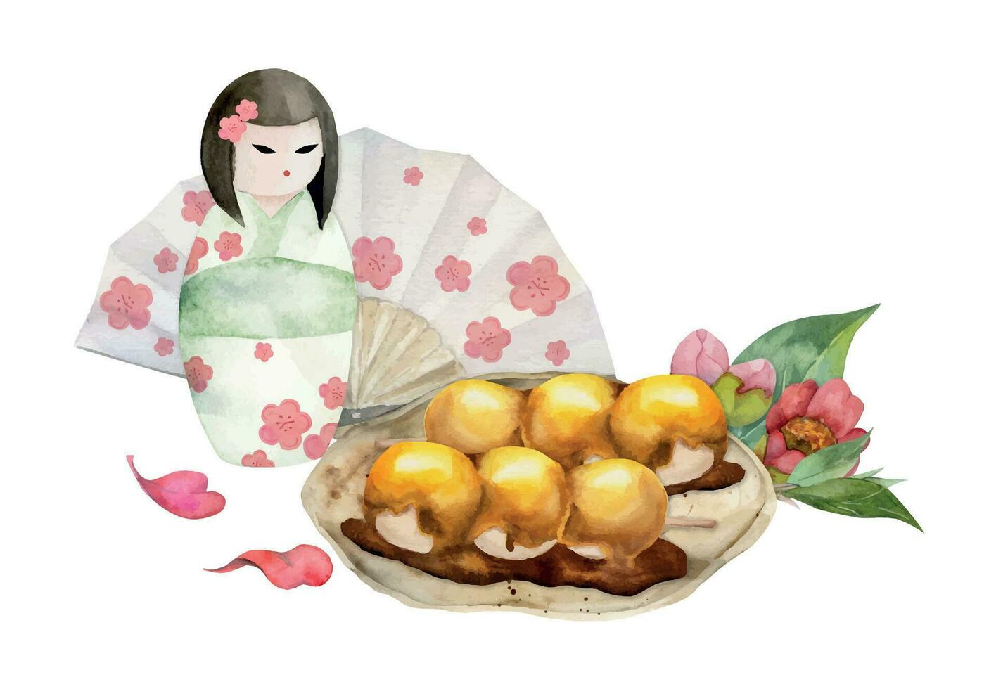 aguarela mão desenhado tradicional japonês doces. cerâmico prato, mitarashi dango, camélia flor. isolado em branco fundo. Projeto para convites, restaurante cardápio, cumprimento cartões, imprimir, têxtil vetor