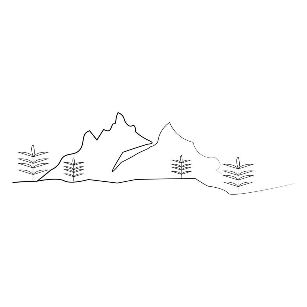 Colina linha arte natureza árvore ícone paisagens com montanhas, Campos e rio ilustração vetor