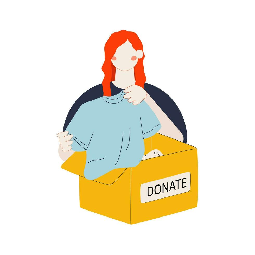 fêmea voluntário doando roupas. menina com usava camiseta dentro doação caixa cartão. caridade, voluntário ajuda, humanitário ajuda conceito. vetor ilustração isolado em branco fundo