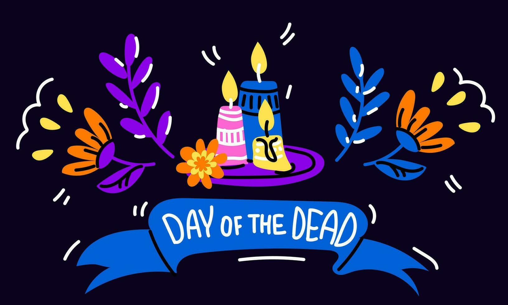 vetor cartão postal com a ilustração do a mexicano feriado dia de mortos. uma cartão postal com tradicional velas, calêndula flores e a inscrição dia do a morto em uma azul fundo