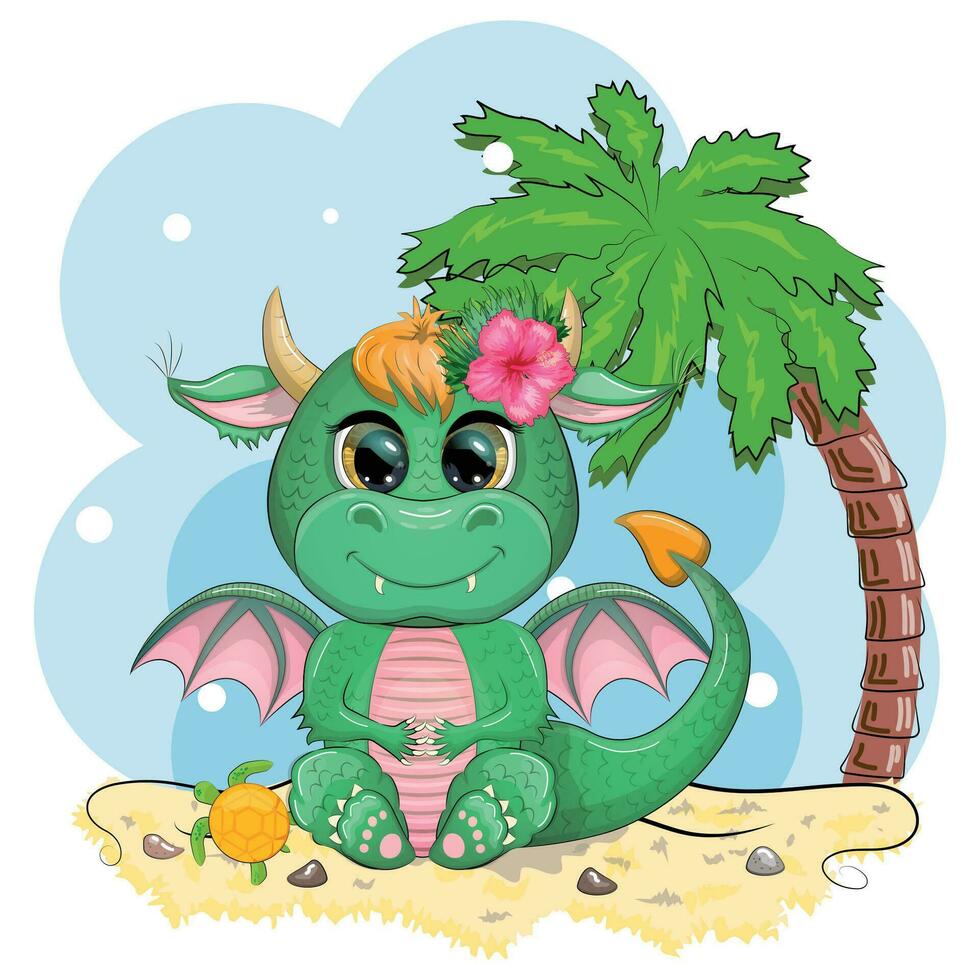 fofa desenho animado verde bebê Dragão com ukulele em a de praia. símbolo do 2024 de acordo com para a chinês calendário vetor