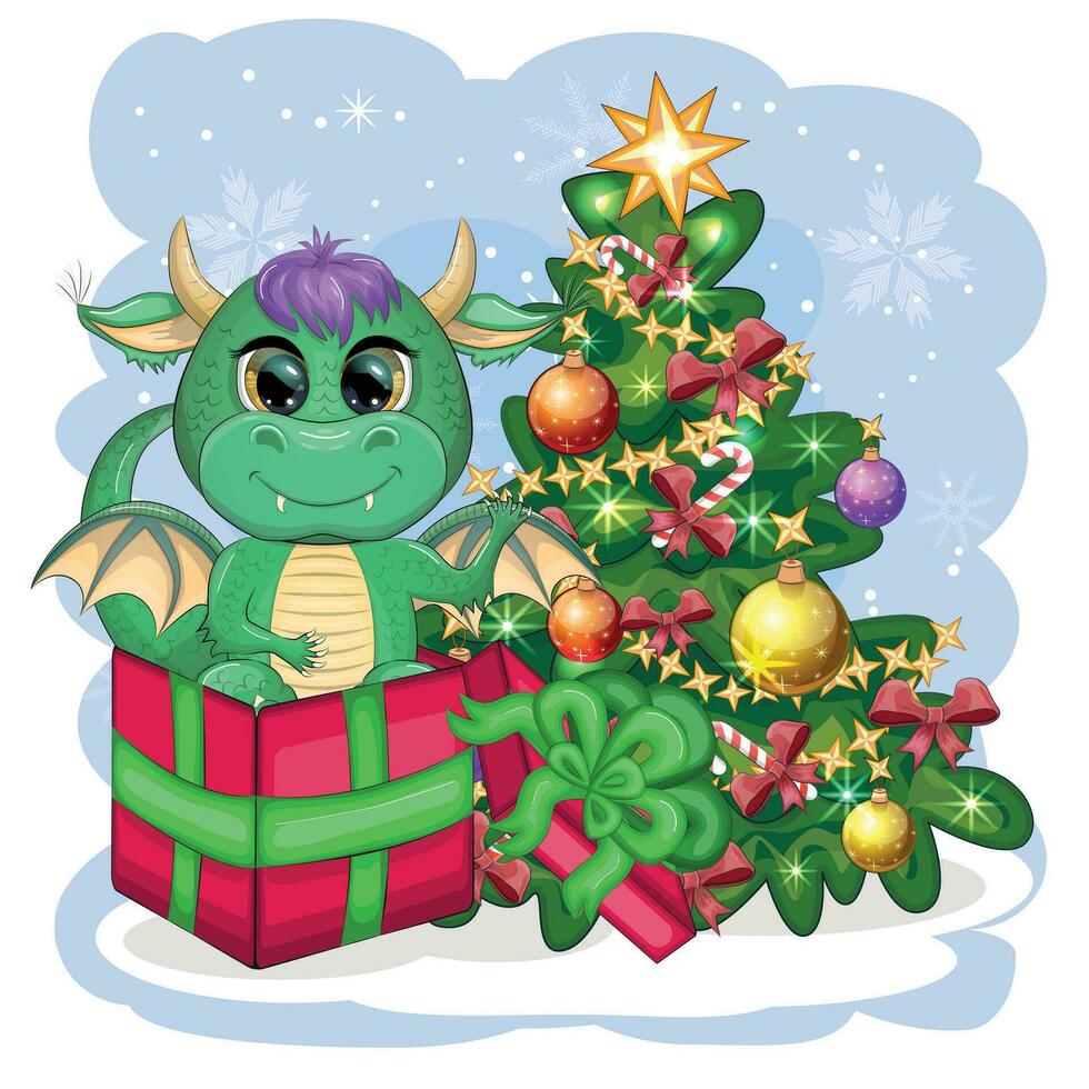 uma fofa desenho animado verde Dragão dentro uma santa chapéu detém uma vermelho presente e senta Próximo para a Natal árvore. 2024 Novo ano vetor
