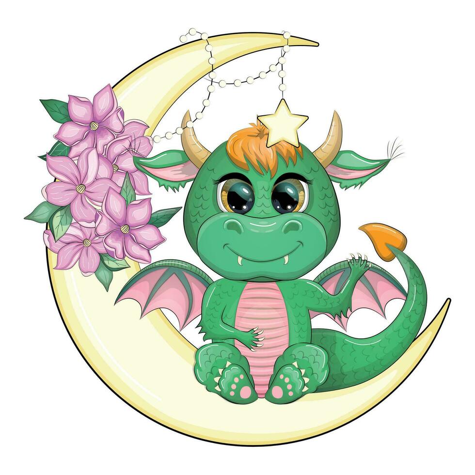 fofa desenho animado verde bebê Dragão em a lua. símbolo do 2024 de acordo com para a chinês calendário. vetor