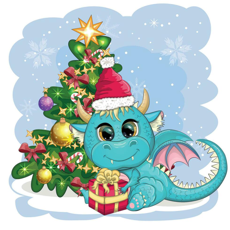 uma fofa desenho animado verde Dragão dentro uma santa chapéu detém uma vermelho presente e senta Próximo para a Natal árvore. 2024 Novo ano vetor