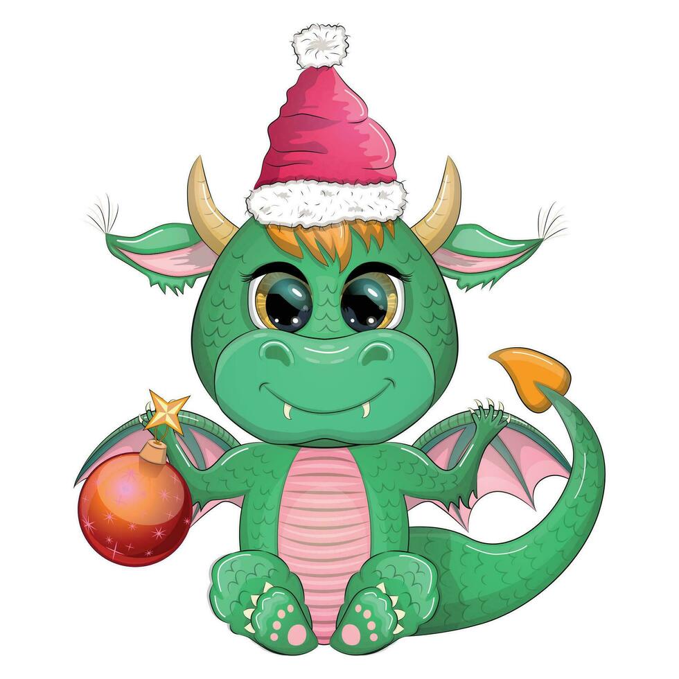 fofa desenho animado verde Dragão dentro santa chapéu. 2024 Novo ano, chinês calendário vetor