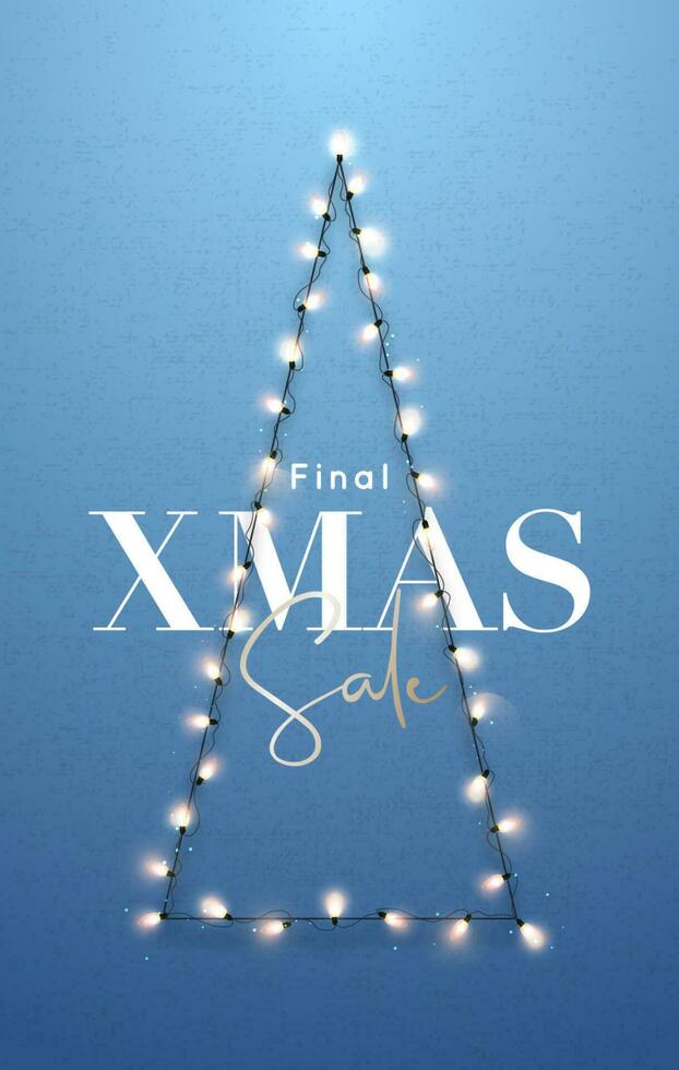 cumprimento cartão com Natal árvore. brilhante guirlandas suspensão em luz azul muro. vetor
