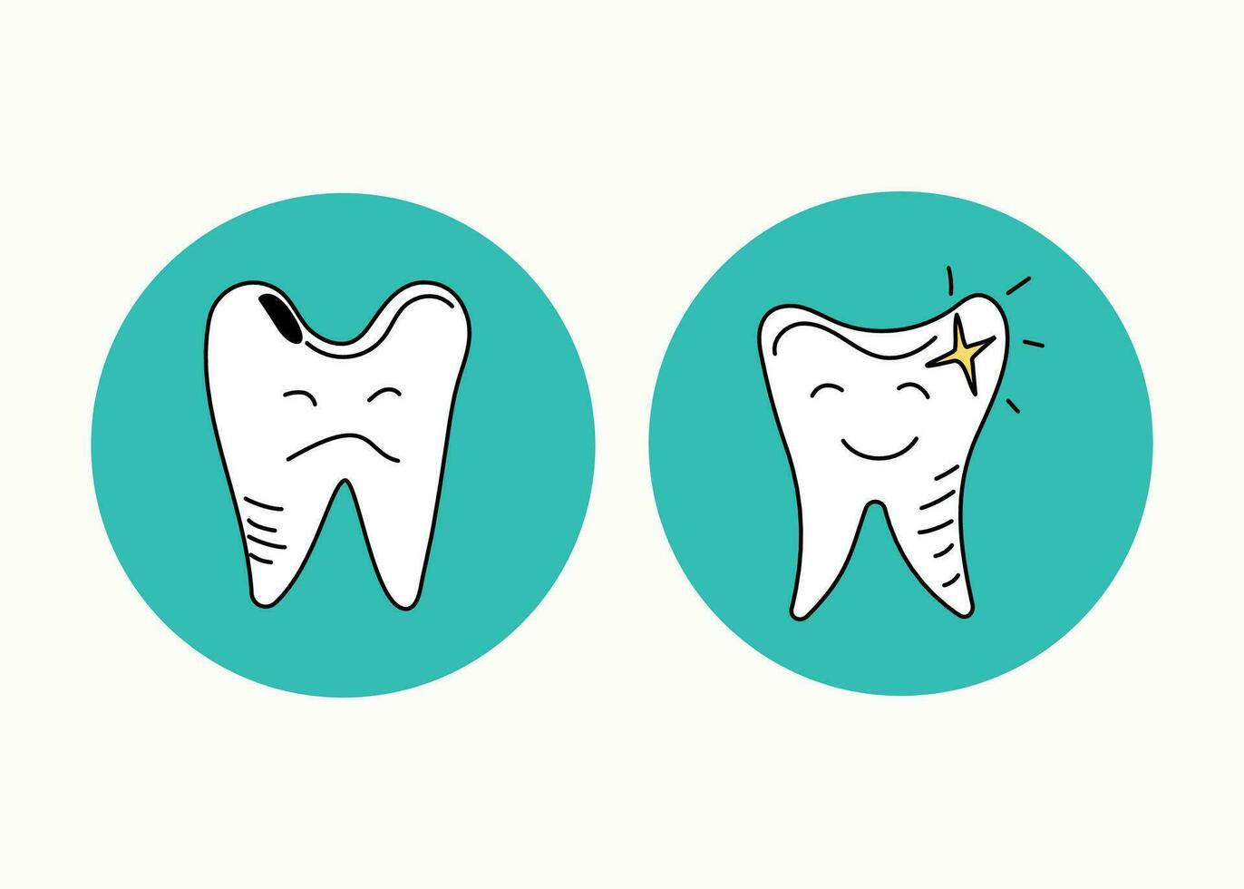 a dentes estão doente e saudável. limpeza e carinhoso para dentes. higiene e saúde. odontologia. desenhos dentro rabisco estilo. gráfico vetor. a fundo é branco isolado. vetor