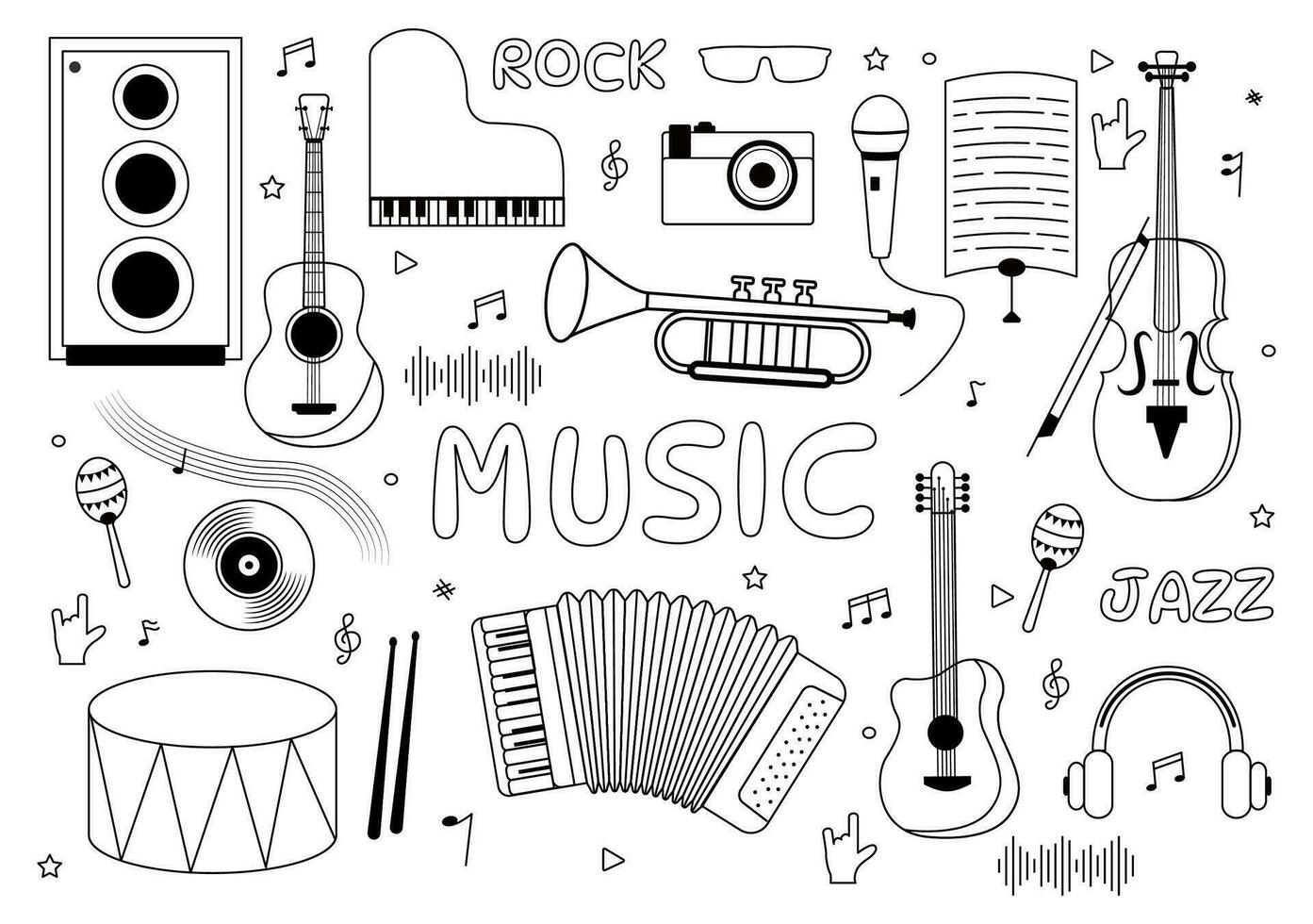 música elementos vetor ilustração com vários do Nota e musical instrumentos moderno dentro plano crianças desenho animado mão desenhado fundo modelos