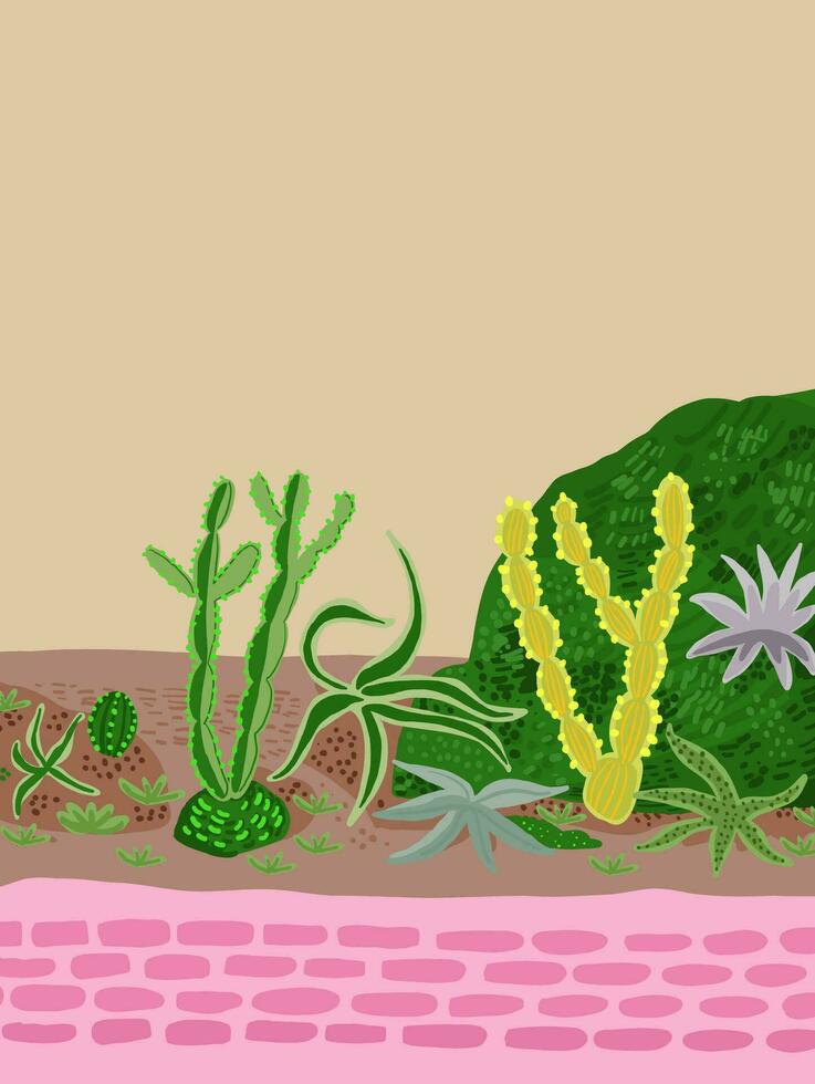 lindo cartão postal com cactos composição. à moda mexicano paisagem, decorativo exótico plantas casa jardim vetor