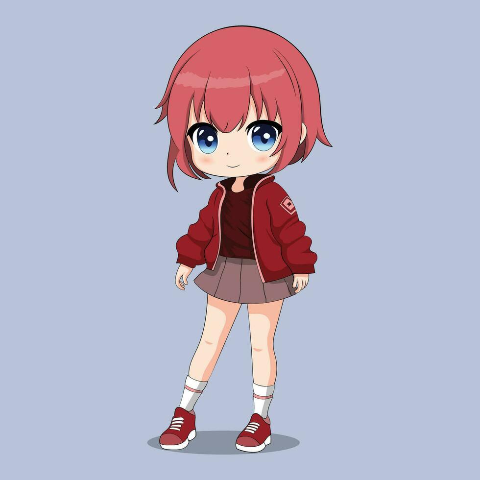 chibi animê fofa desenho animado kawaii menina com vermelho cabelo e uma vermelho Jaqueta vetor