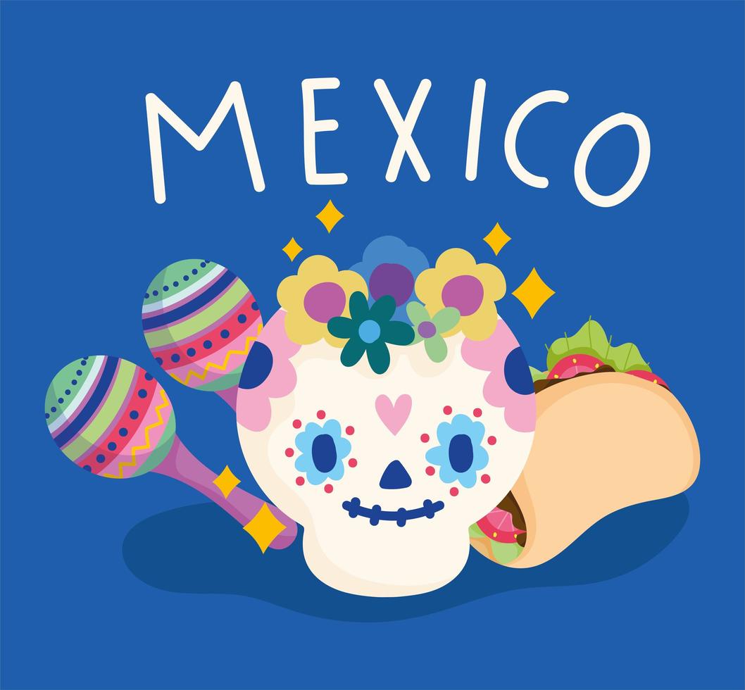 caveira mexicana com maracas e taco, cultura mexicana vetor