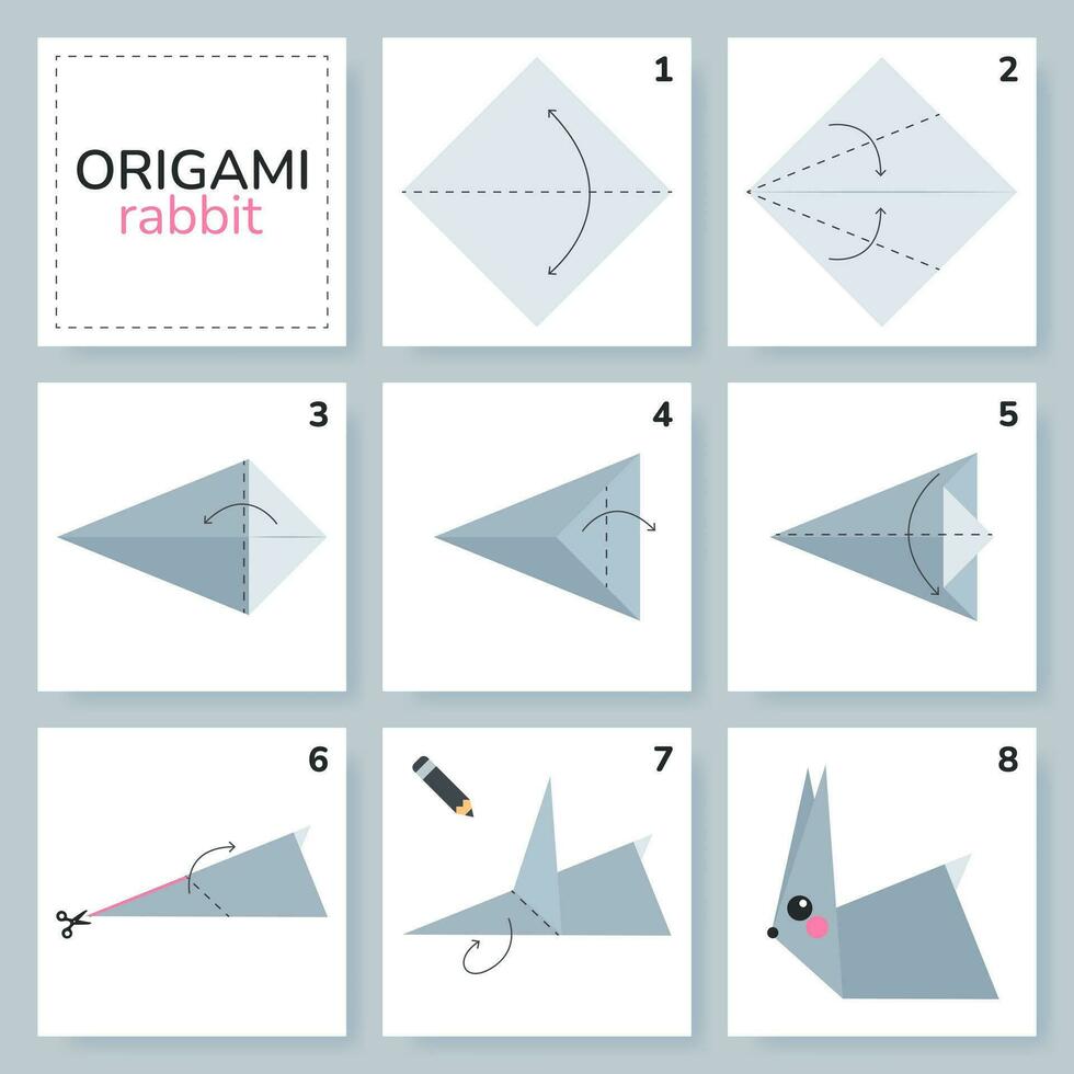 Coelho origami esquema tutorial comovente modelo. origami para crianças. degrau de degrau quão para faço uma fofa origami coelhinho. vetor ilustração.