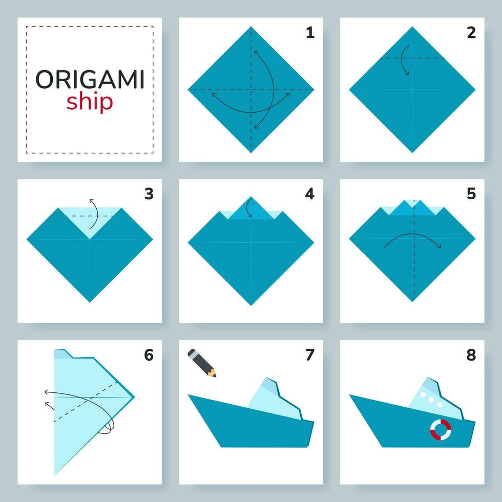 navio origami esquema tutorial comovente modelo. origami para crianças. degrau de degrau quão para faço uma fofa origami água transporte. vetor ilustração.