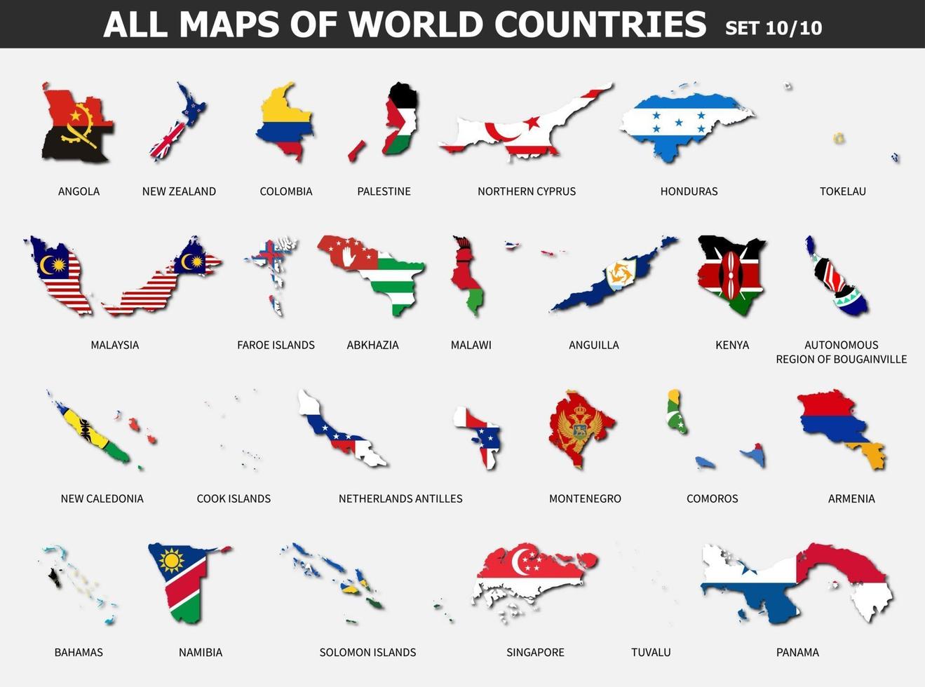 todos os mapas de países e bandeiras do mundo. conjunto 10 de 10 completo. coleção de forma de contorno do mapa do país internacional com sombra. design plano. vetor. vetor