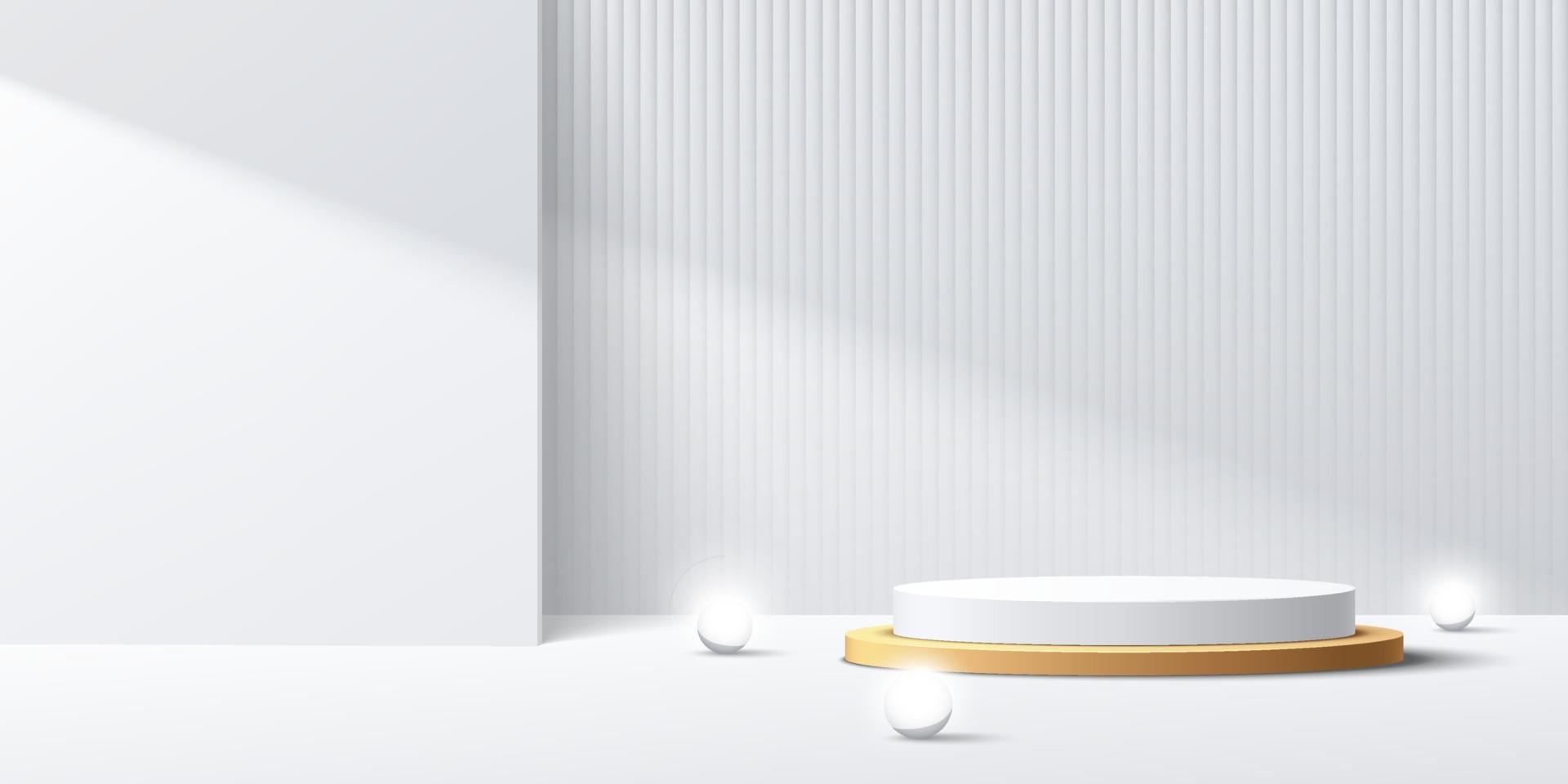 moderno pódio de pedestal em cilindro branco e dourado com esfera de néon. cena mínima branca abstrata. pano de fundo de textura de listras verticais na sombra. renderização de vetor Apresentação de exibição de produto de forma 3d.