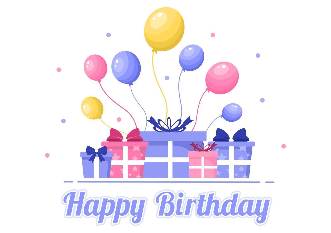 feliz aniversário comemorando ilustração com design de balões, chapéus, confetes, presentes e bolos vetor