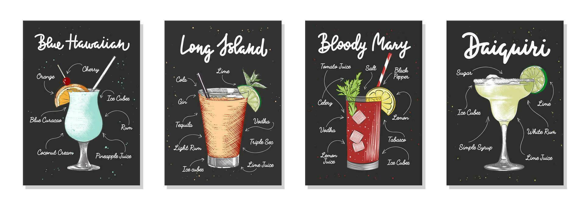 conjunto de 4 listas de receitas publicitárias com cartazes de letras de bebidas alcoólicas, coquetéis e bebidas, decoração de parede, estampas, design de menu. tipografia desenhada à mão com esboços. caligrafia manuscrita. vetor