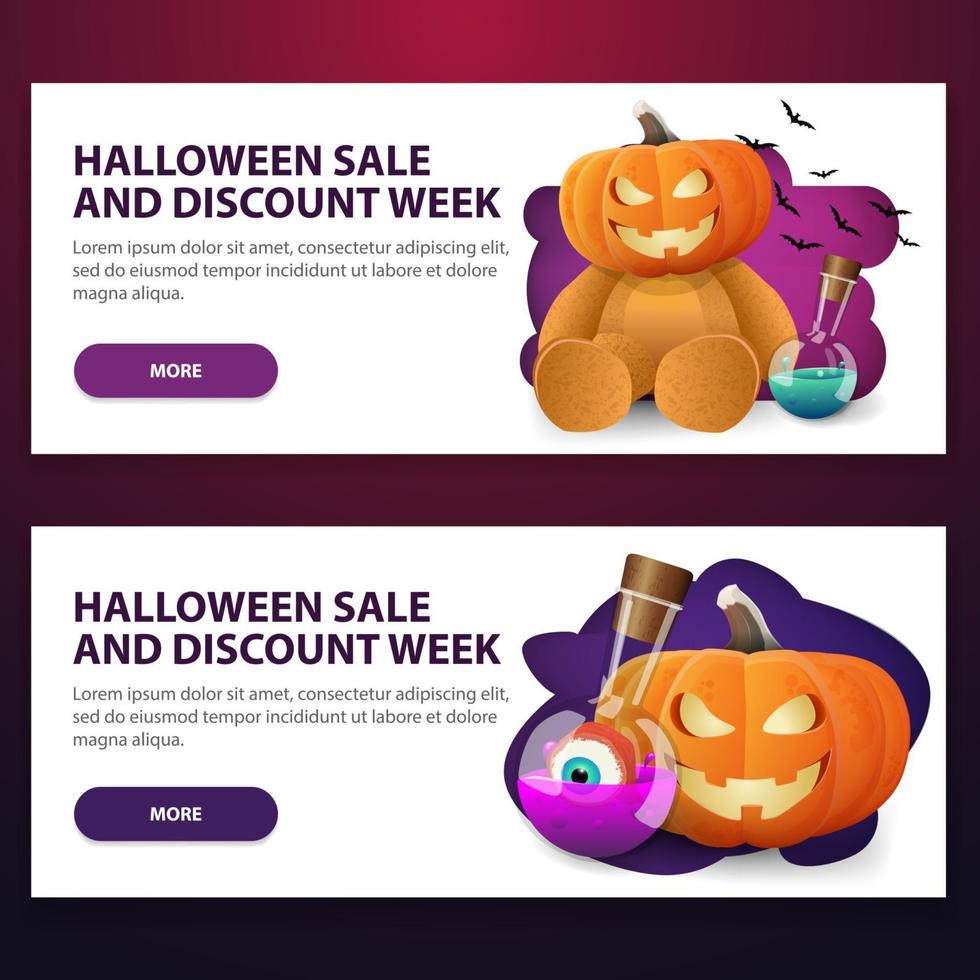 Venda de halloween e semana de desconto, banners brancos horizontais de desconto na web com ursinho de pelúcia com cabeça de jack abóbora e jack de abóbora e poção de bruxa vetor