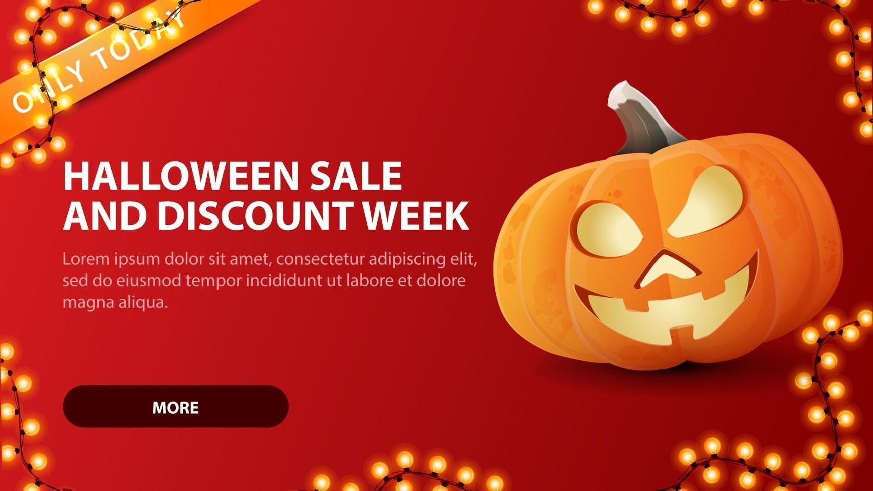 Venda de halloween e semana de desconto, banner web de desconto horizontal vermelho com divertido jack de abóbora. vetor